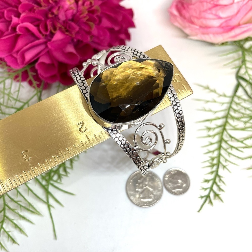 NEW⚜️STERLING SILVER Smoky Quartz Ornate Cuff Bracelet - Picture 6 of 9